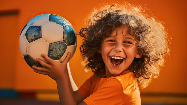 Niño feliz sosteniendo una pelota de fútbol aislado en un telón de fondo naranja