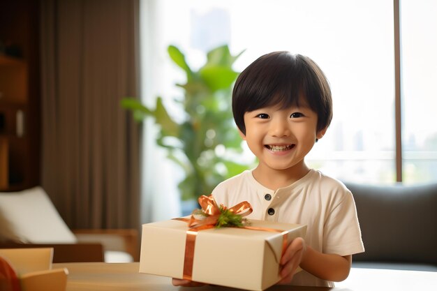 Niño feliz sosteniendo un regalo en una acogedora sala de estar Imagen de stock con IA generativa