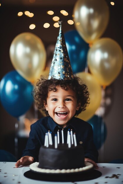 Niño feliz en su fiesta de cumpleaños con pastel y globos azules