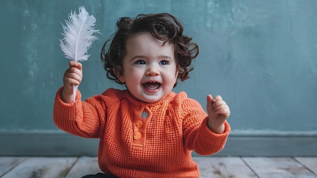 Niño feliz con suéter naranja juega con plumas en el suelo