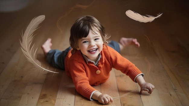 Niño feliz con suéter naranja juega con plumas en el suelo