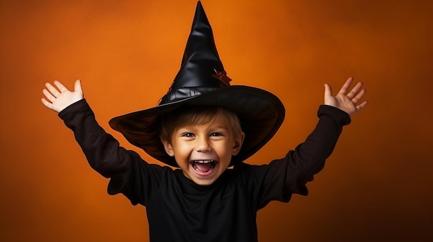 Niño feliz vestido como mago para Halloween parado frente a un fondo aislado