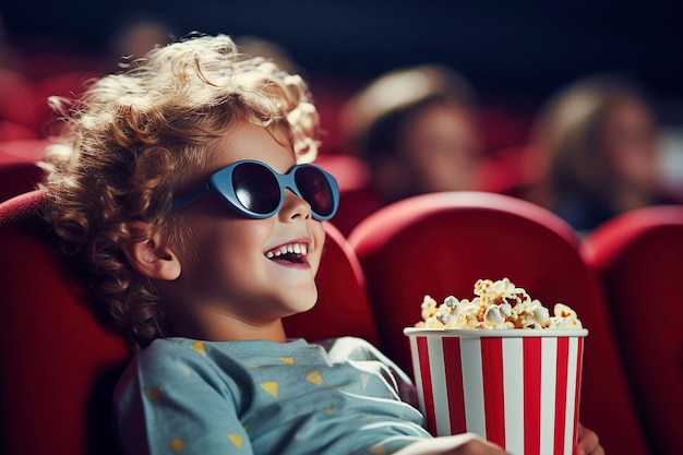 Niño feliz viendo una película en el cine comiendo palomitas de maíz