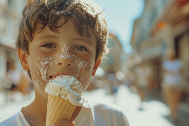 Foto el niño felizmente come conos dulces en la calle.