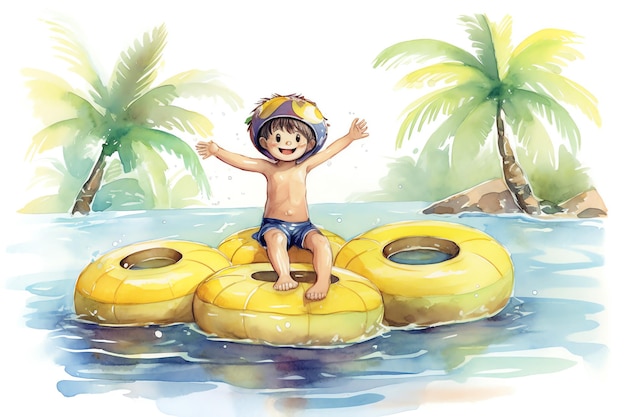 Un niño con flotador jugando en la ilustración de acuarela de playa