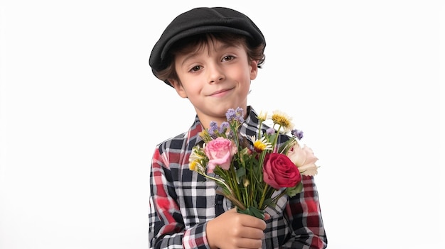 Niño francés con ramo de flores.