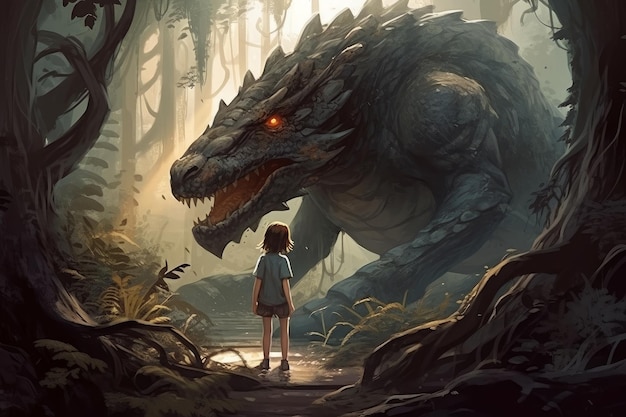 Un niño se para frente a un dragón que tiene la palabra dragón.