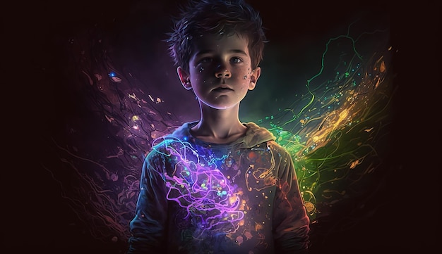 Un niño se para frente a un fondo oscuro con una luz de neón detrás de él.