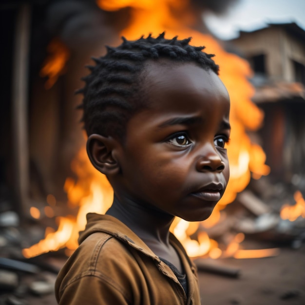 Un niño se para frente a un fuego ardiente.