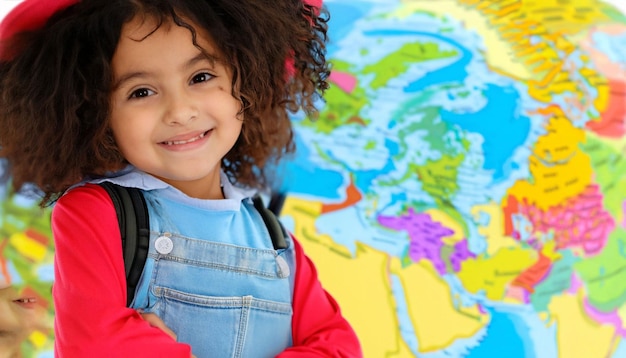 Un niño se para frente a un mapa del mundo.