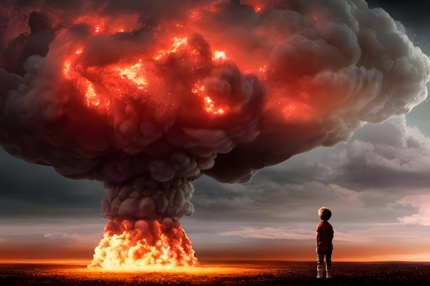 Un niño se para frente a una nube en llamas con la palabra nuclear.