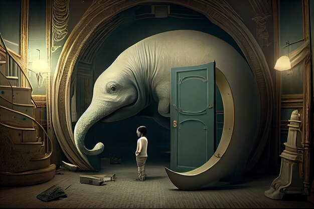 Un niño se para frente a una puerta que dice "elefante"