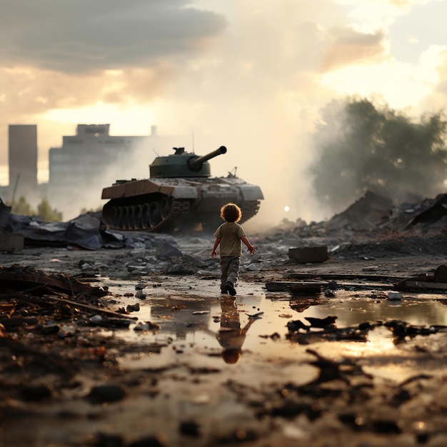 Un niño se para frente a un tanque militar en la ciudad destruida después de la guerra