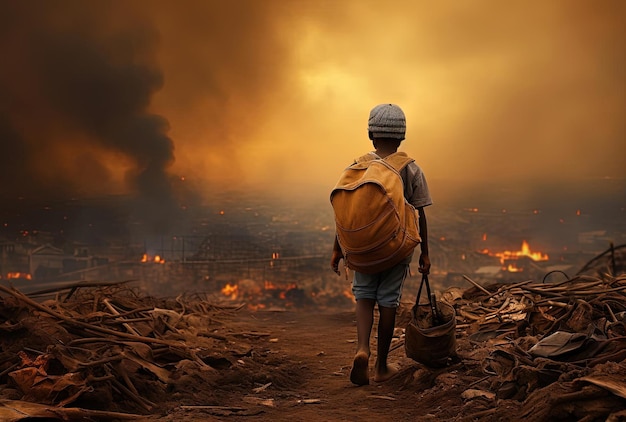 niño en África el niño con la bolsa en el estilo de paisajes urbanos distópicos