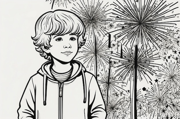 Niño con fuegos artificiales página de colorear aislada para niños