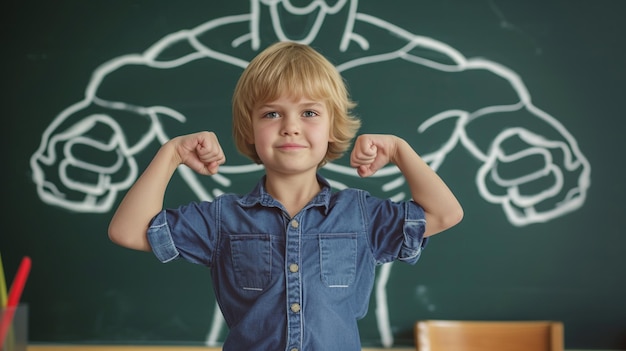 Foto niño fuerte con músculos dibujados en la pizarra en la escuela