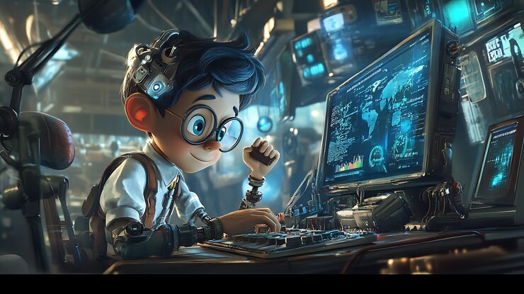 Foto niño futurista trabajando en una computadora con una pantalla de mapa global