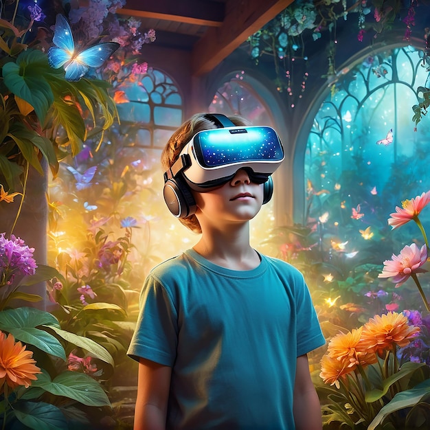 Foto un niño en el futuro con gafas de realidad virtual y una vista del jardín místico detrás