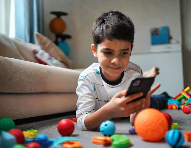 Foto niño con gadget entre juguetes en el suelo la generación alfa