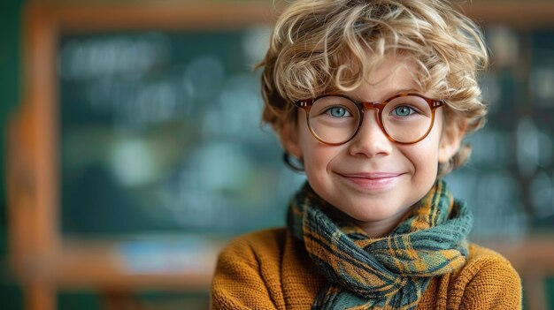 Un niño con gafas y una bufanda