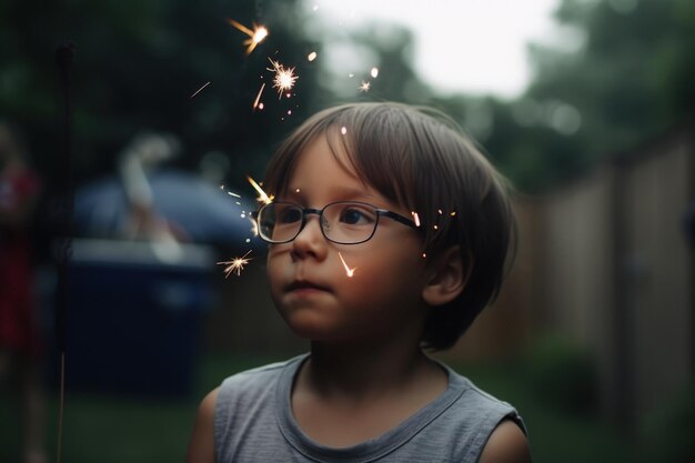 Un niño con gafas y una camiseta sin mangas gris está jugando con bengalas.