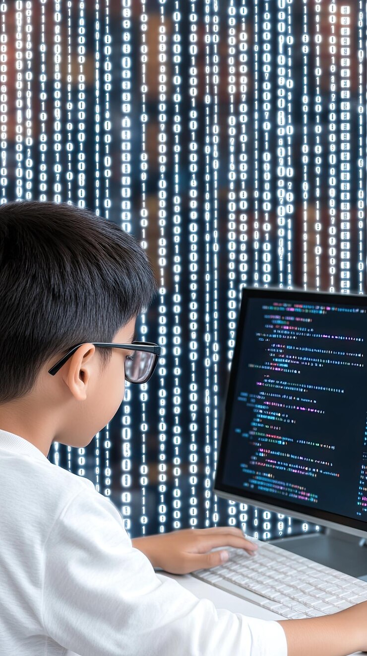 Foto un niño con gafas se centra en escribir en su computadora inmerso en un mundo digital de código binario y rodeado de libros mientras estudia hasta tarde en la noche