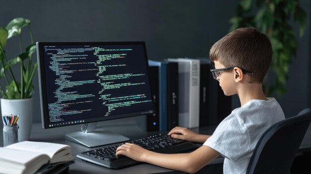 Un niño con gafas se centra en escribir en su computadora inmerso en un mundo digital de código binario y rodeado de libros mientras estudia hasta tarde en la noche