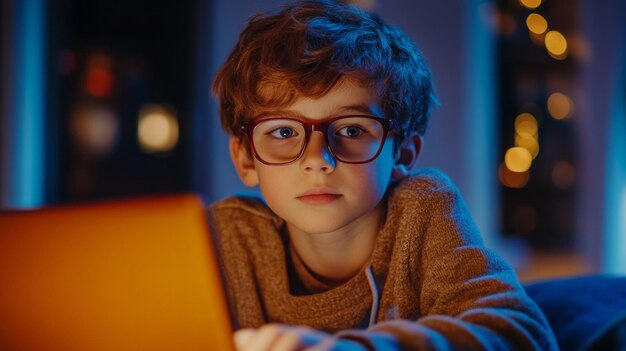 Un niño con gafas está sentado en un sofá y mirando una computadora portátil