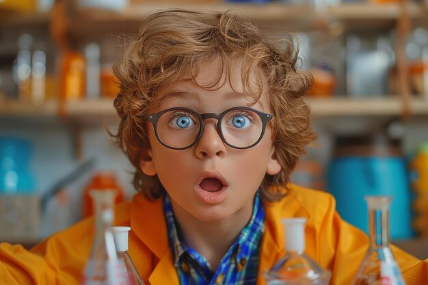 Un niño con gafas hace una cara de sorpresa