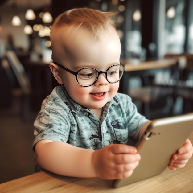 Un niño con gafas jugando con un ipad.