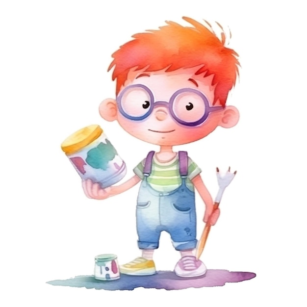 Un niño con gafas y una lata de pintura sostiene una lata de pintura.