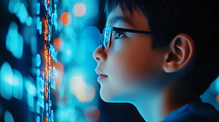 Foto un niño con gafas mira atentamente una pantalla digital brillante