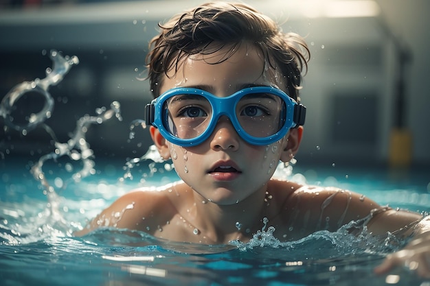 niño con gafas nadando chapoteando en la piscina