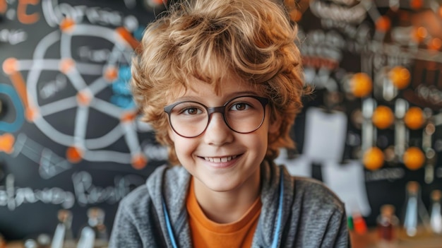 Un niño con gafas de pie frente a una pizarra