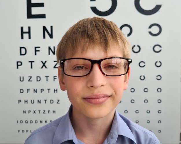 Niño con gafas en primer plano de la oficina del oftalmólogo