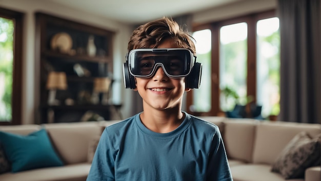 niño con gafas de realidad virtual en casa