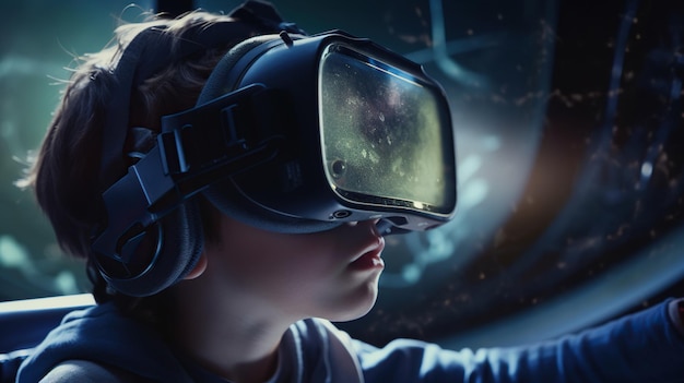 Niño con gafas de realidad virtual contra la vista del planeta Tierra en el espacio IA generativa