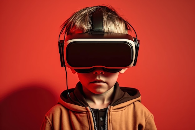 Niño con gafas de realidad virtual y deambulando por la imaginación generada por Ai