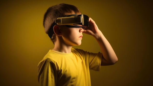 Niño con gafas de realidad virtual y deambulando por la imaginación generada por Ai