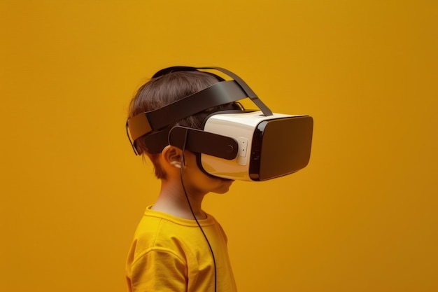 Niño con gafas de realidad virtual y deambulando por la imaginación generada por Ai