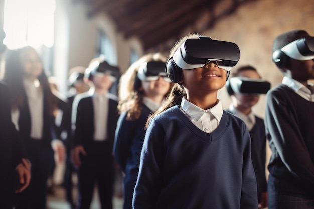Foto un niño con gafas de realidad virtual con un grupo de personas en el fondo