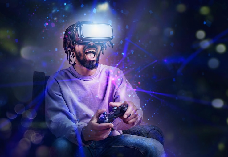 Foto niño con gafas de realidad virtual juega con un videojuego virtual