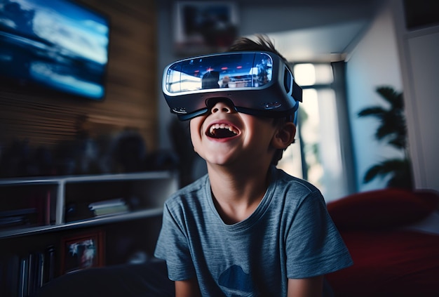 Un niño con gafas de realidad virtual en la sala de estar riendo