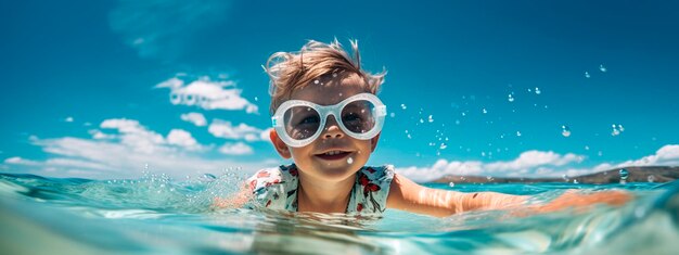 Foto un niño con gafas de sol nada en el mar naturaleza de ia generativa