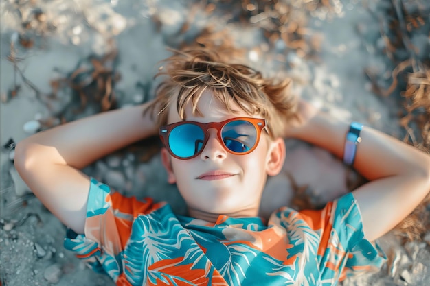 Un niño con gafas de sol tendido en el suelo