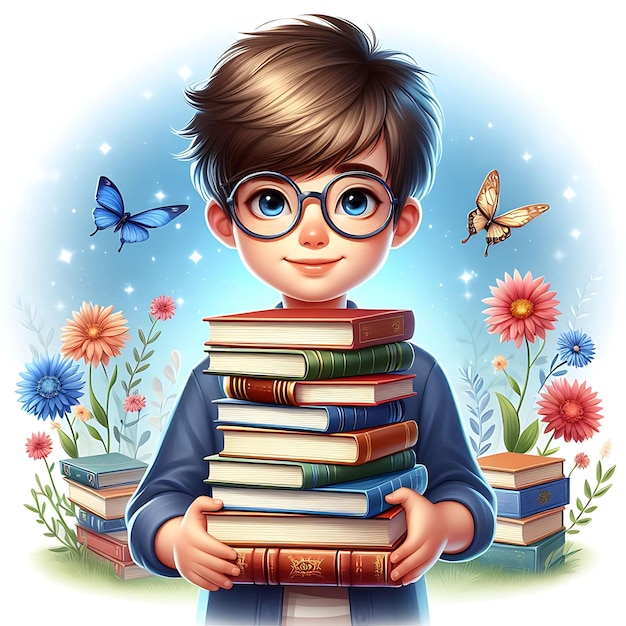Niño con gafas sosteniendo una pila de libros Día Mundial del Libro