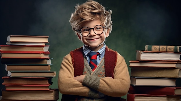 Un niño con gafas y un suéter con un libro en las manos.