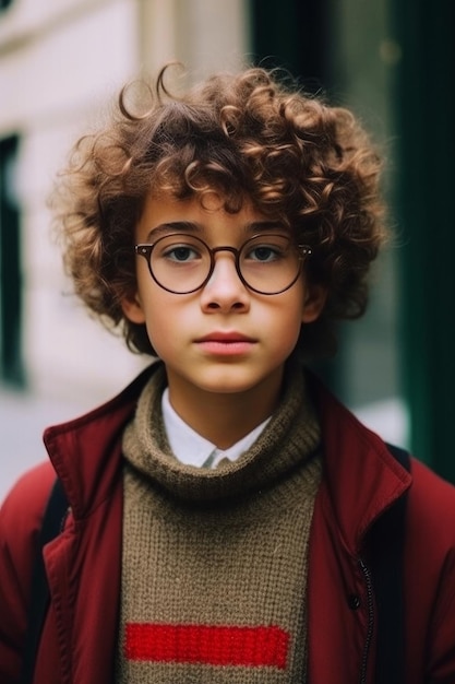 Un niño con gafas y un suéter rojo.