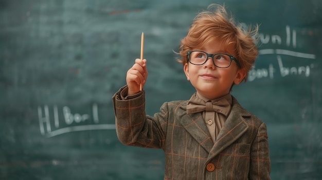 Un niño con gafas y un uniforme escolar de pie frente a una pizarra sosteniendo un lápiz