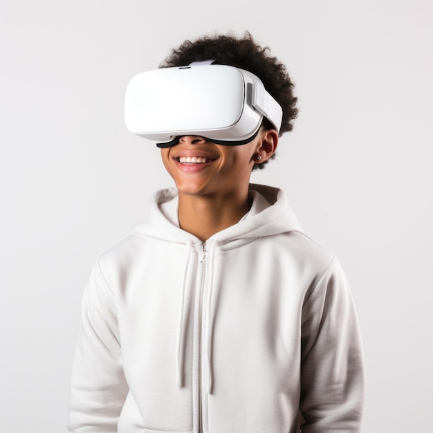 Niño con gafas visuales disfrutando de la realidad virtual con fondo blanco
